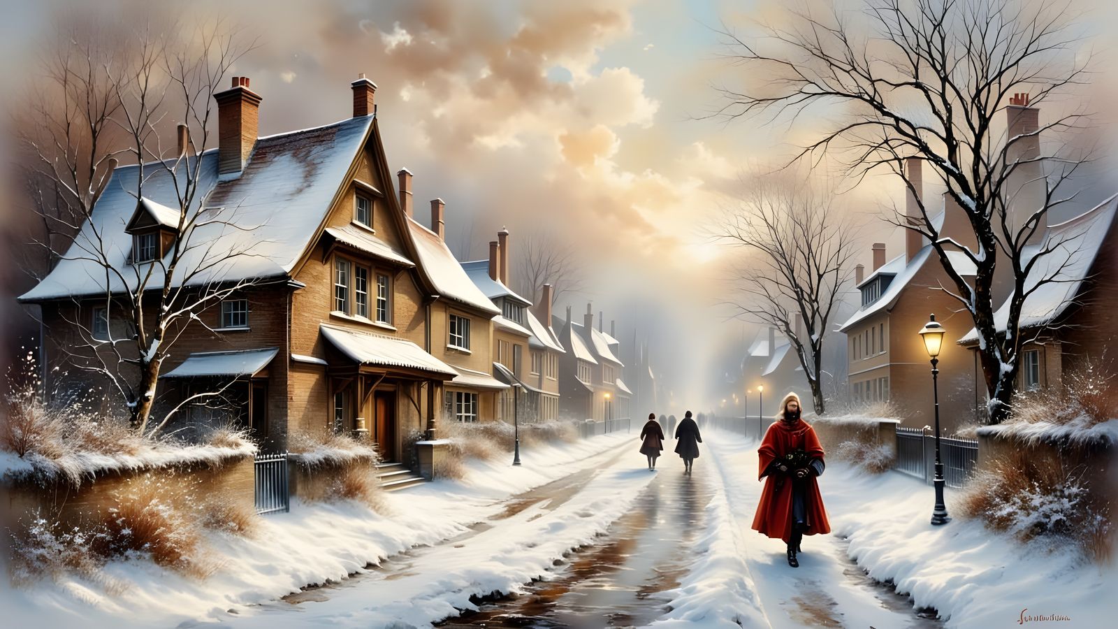 17th Century Old Town Winter Scene in Oil Painting Style