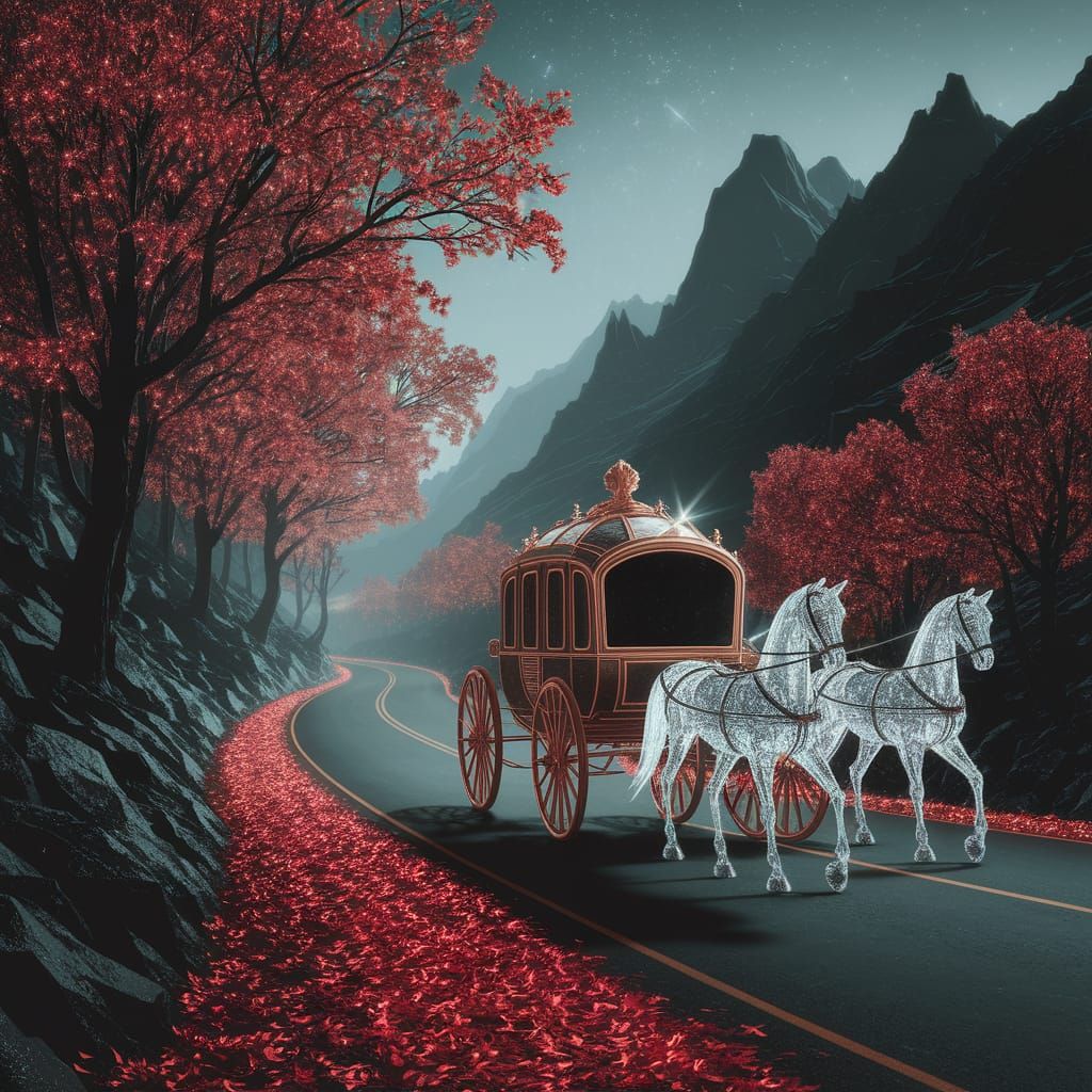 Crystal Horses Guide Carriage Through Bioluminescent Forest