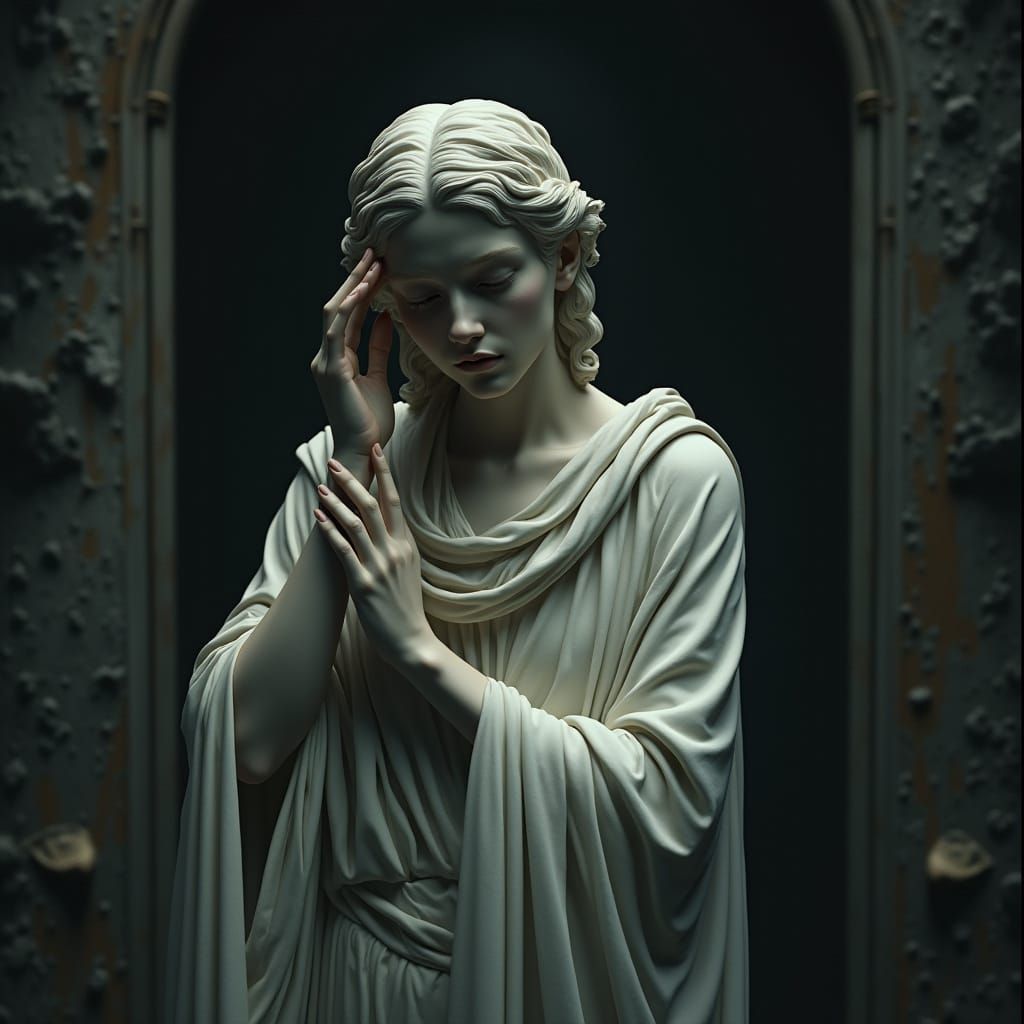 Baroque Marble Statue of Solemn Woman in Grotto