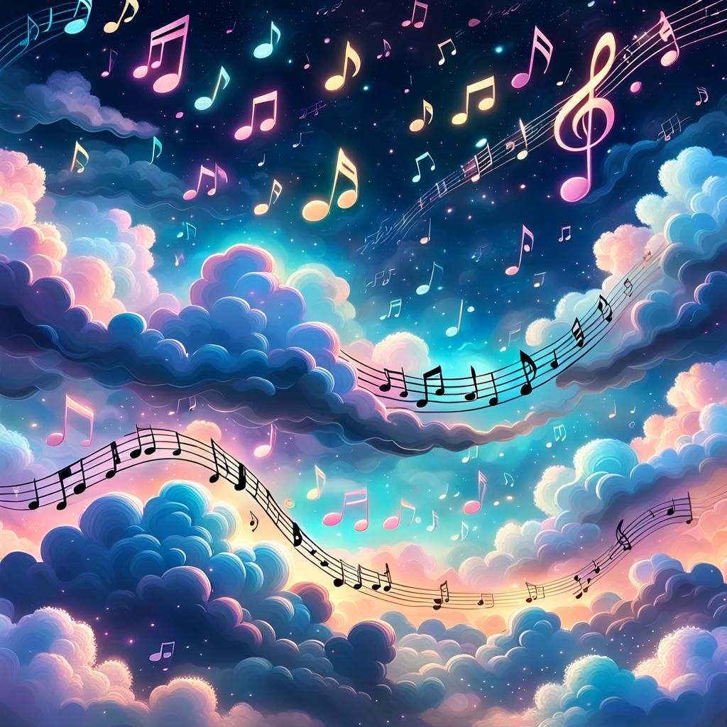 Musical Notes Glow in Night Sky: Hyperdetailed Concept Art