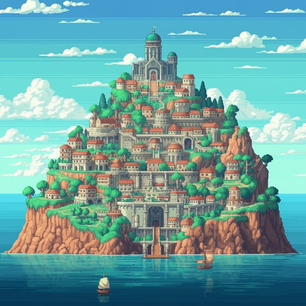 Fantasy City on Turquoise Sea in Pixel Art Style