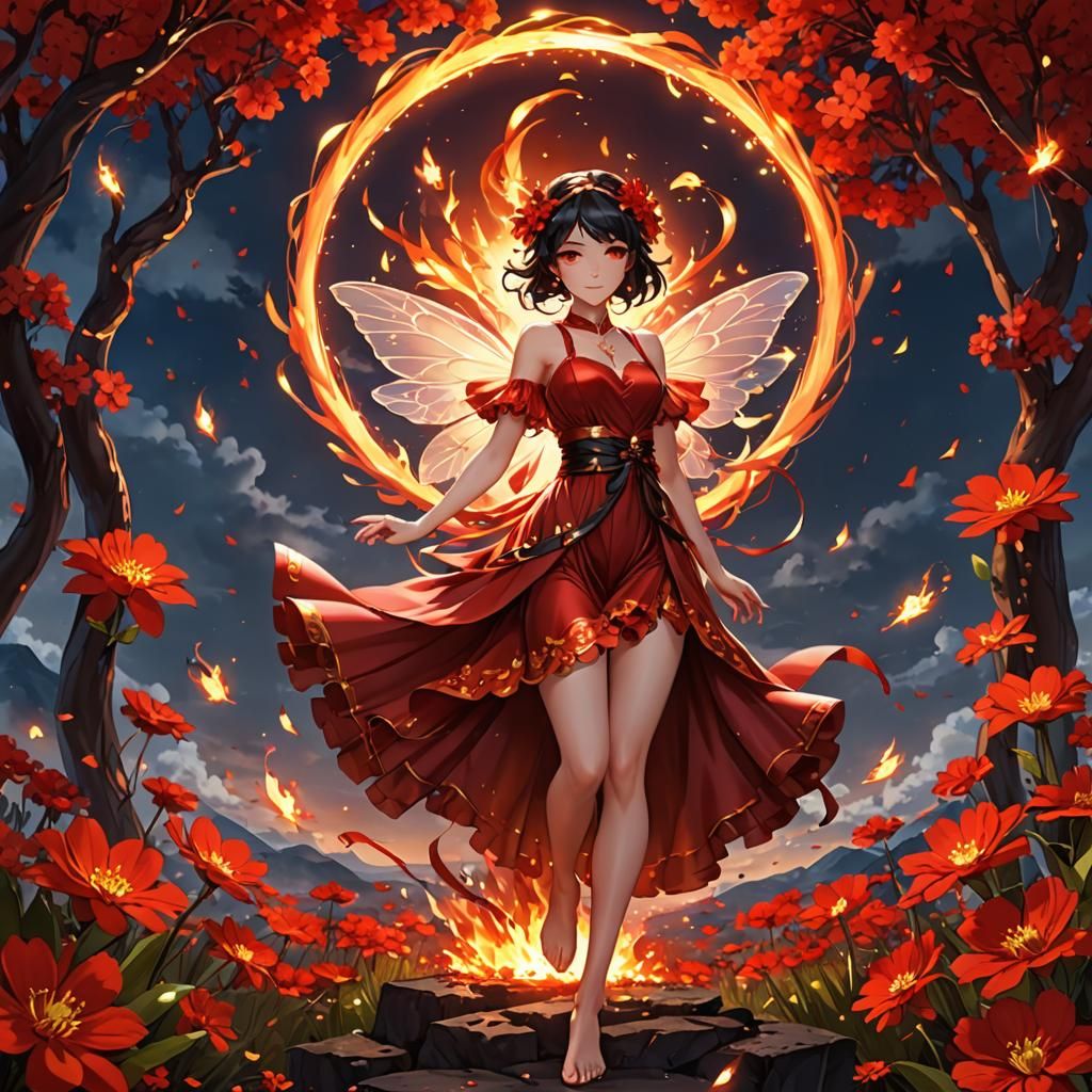 Fiery Anime Fairy in Red Flowery Scene