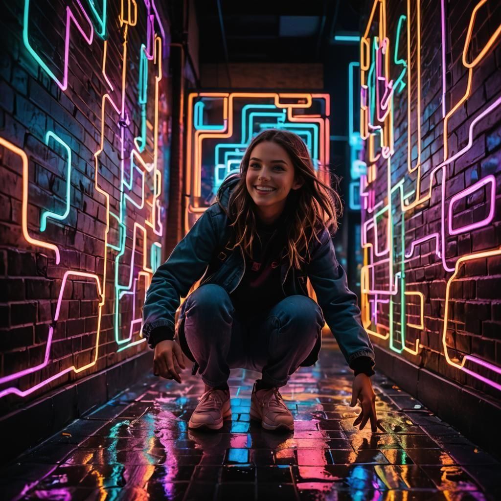 Girl's Joyful Play with Neon Lights