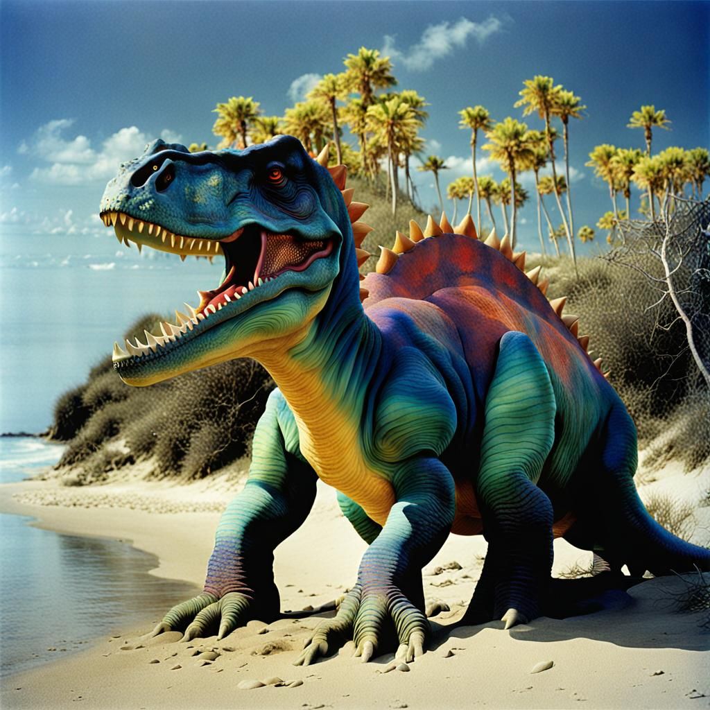 Mystical Dinosaur on Beach, Symbolic Color Photography
