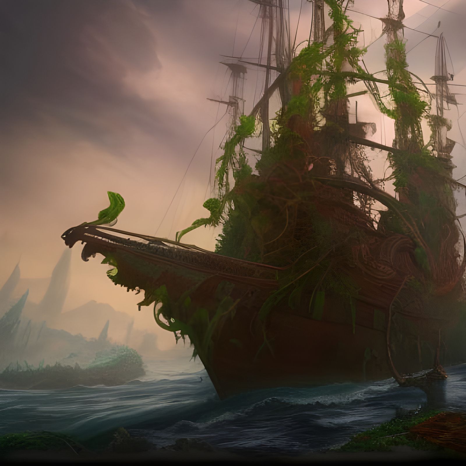 Vines Enshroud Ancient Ship: Fantasy Concept Art