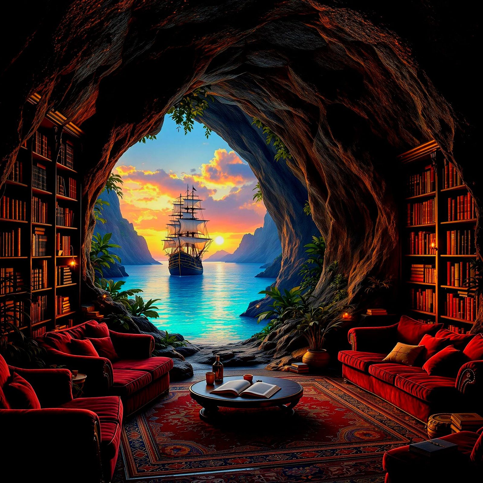 Cozy Tropical Library Oasis in Sunset Glow