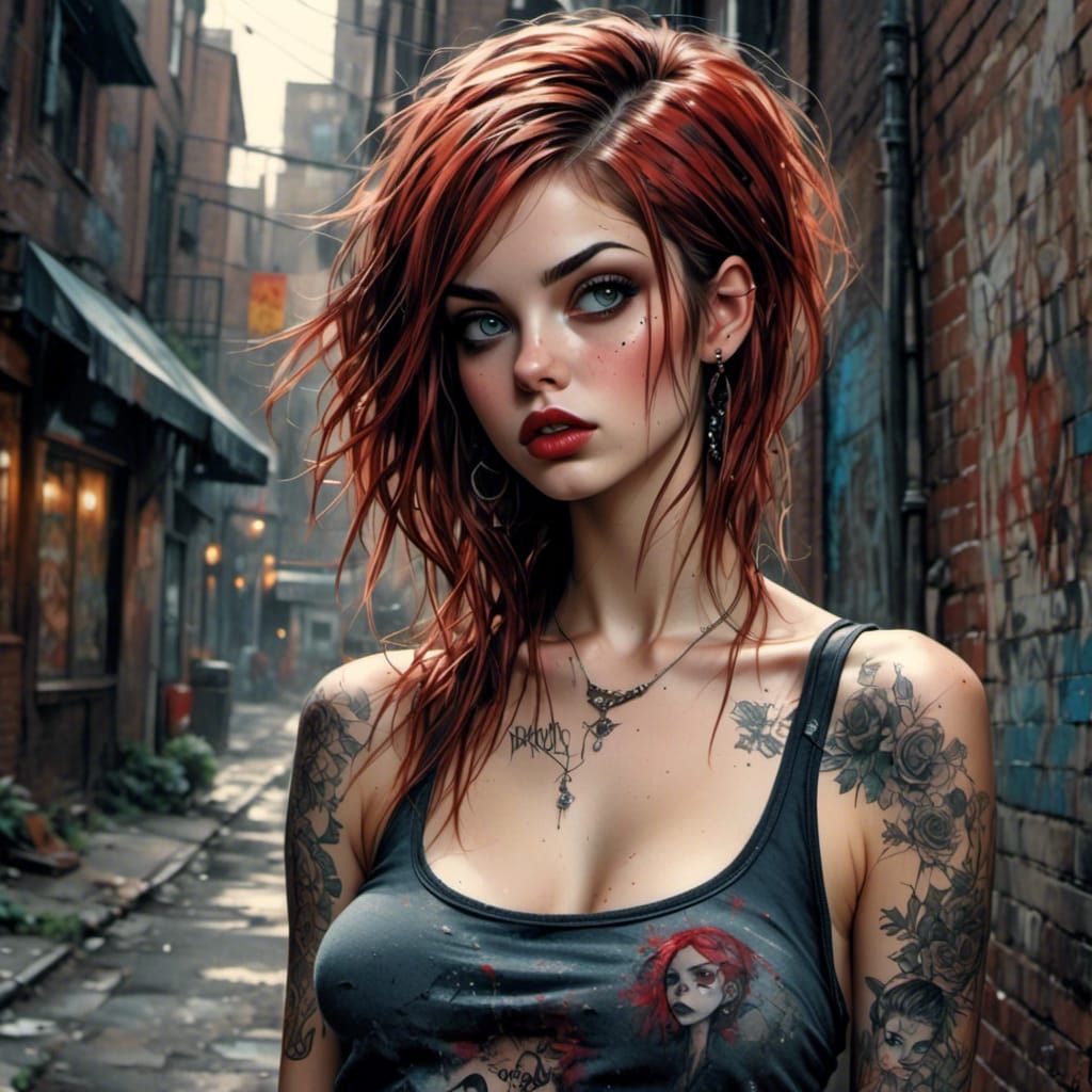 Emo Punk Pinup Girl in City Alley