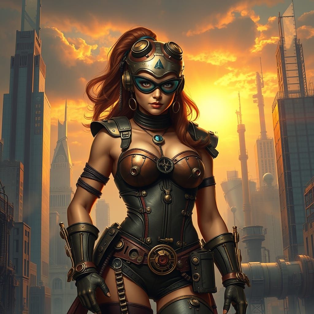 Steampunk Heroine in a Futuristic Cityscape