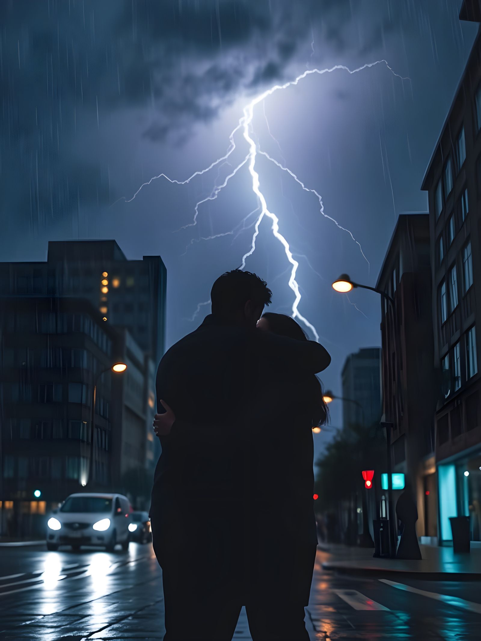 Hugging Couple in Rainy City Night