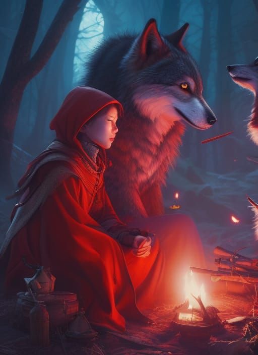 Girl in Red Cloak with Wolf by Campfire