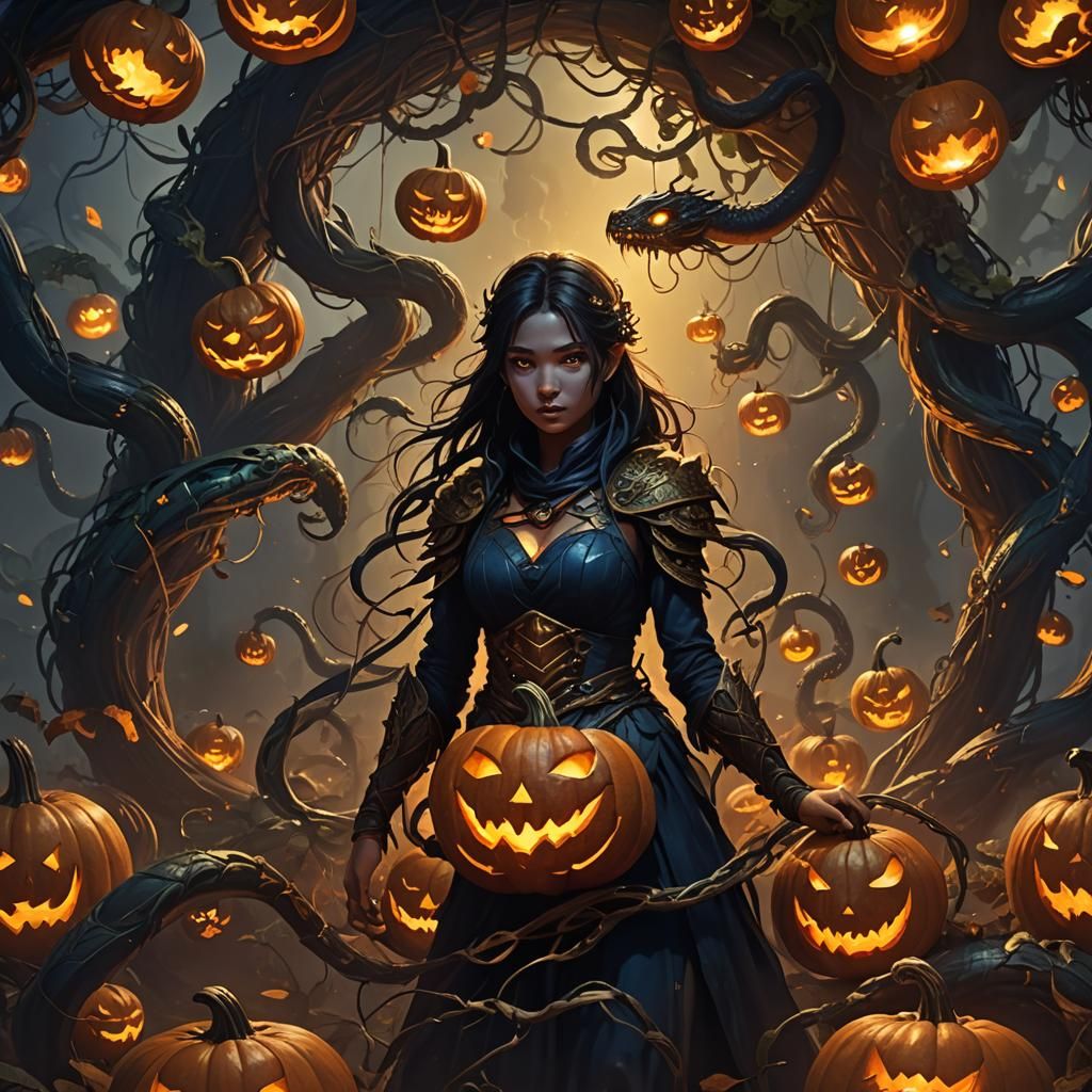 Eerie Fantasy Girl Engulfed by Dragons and Snakes