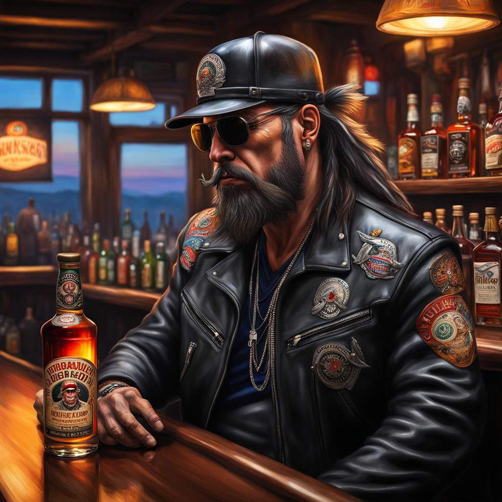 An outlaw hell Angels biker, biker outfit, bikers hat, tattoos, sitting at the biker's bar drinking whisky