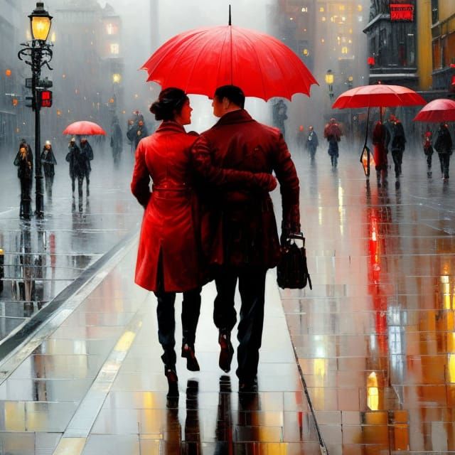 Rainy Street Couple Under Red Umbrella: Oil Painting
