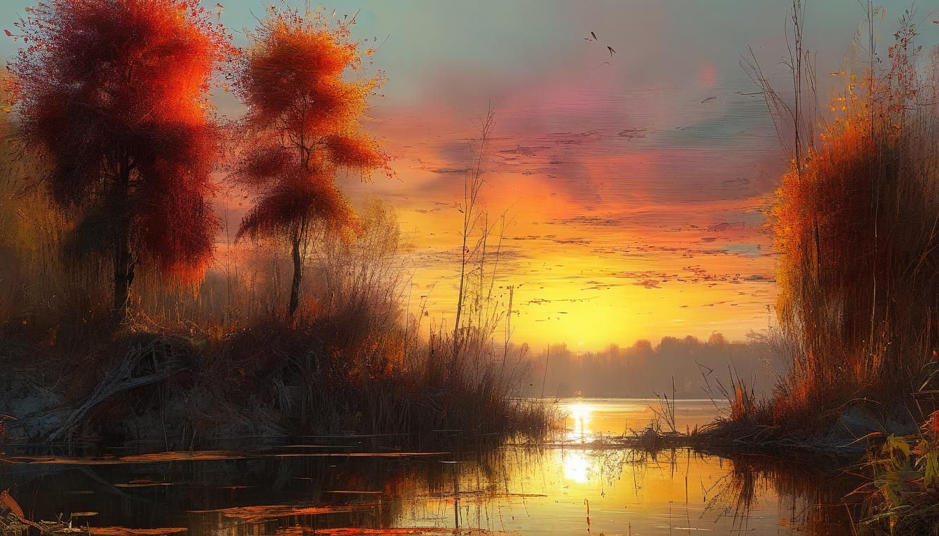 Autumn Sunset Lake: Photorealistic Oil Painting