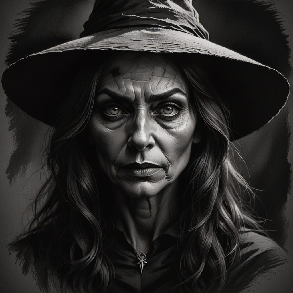 Witch Portrait in Stark Charcoal Art Style