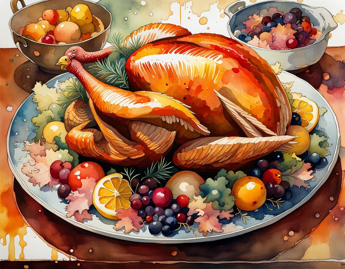 Watercolor Turkey on Ornate Plate, Airbrush Art