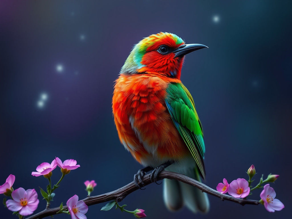 Vibrant Bird and Barn Landscape with Blooms