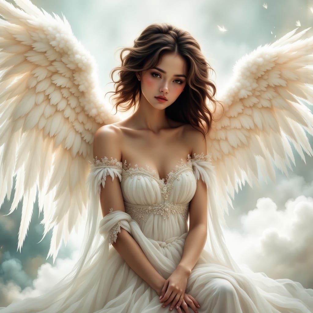 Serene Angel of Ethereal Beauty on Cloudy Skies