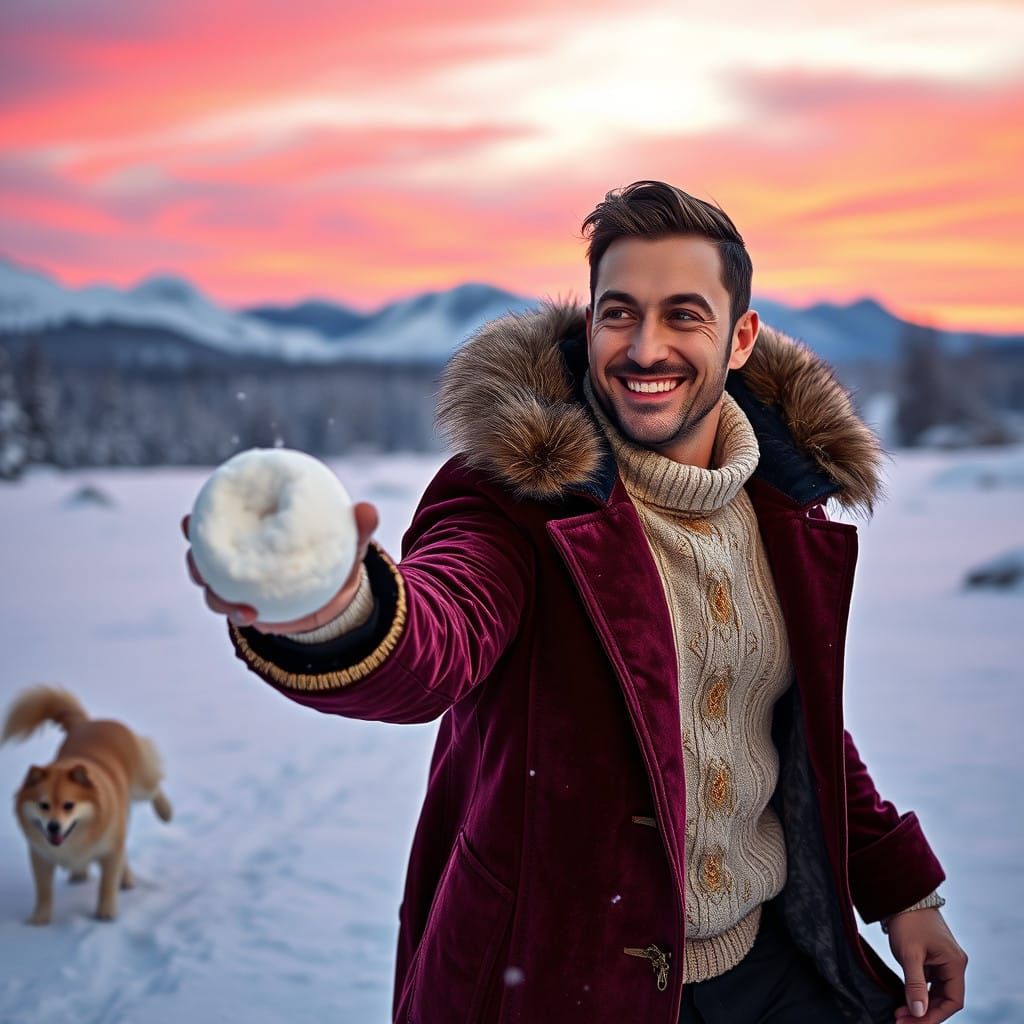 Winter Wonderland Scene with Snowball Fight in Luxurious Vel...