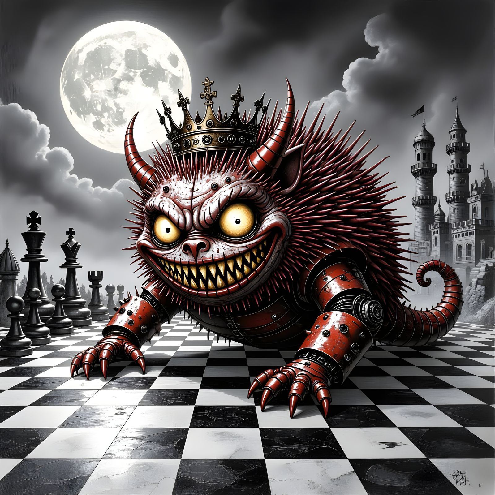 Steampunk Horror: Hedgehog-Devil Machine on Chessboard