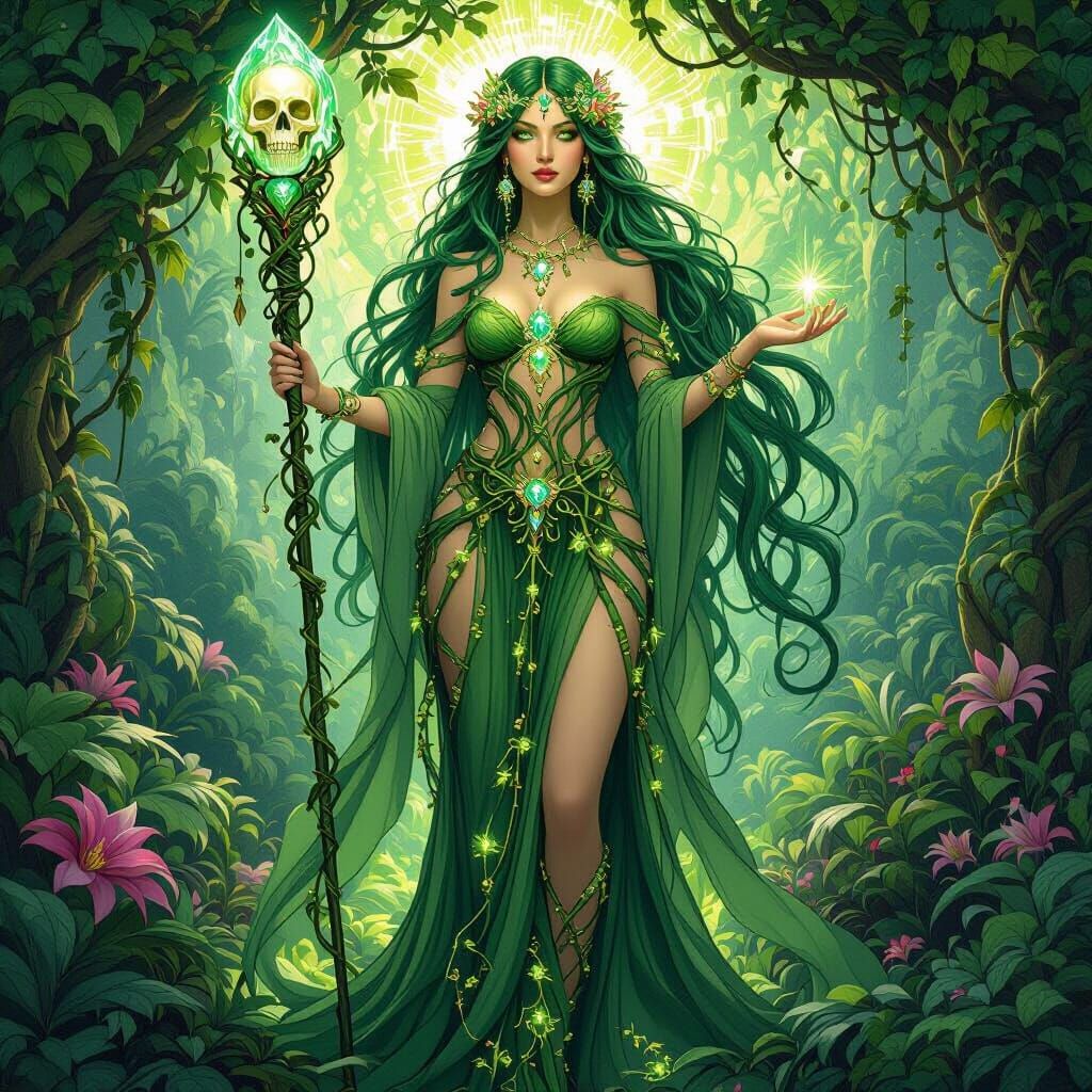 Emerald Goddess in Bioluminescent Jungle, Art Nouveau Style
