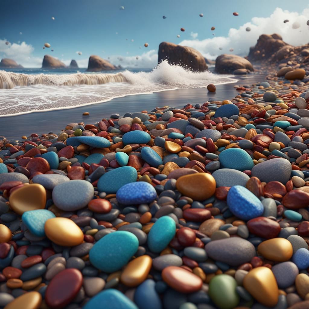 Colorful Beach Pebbles Under Big Waves