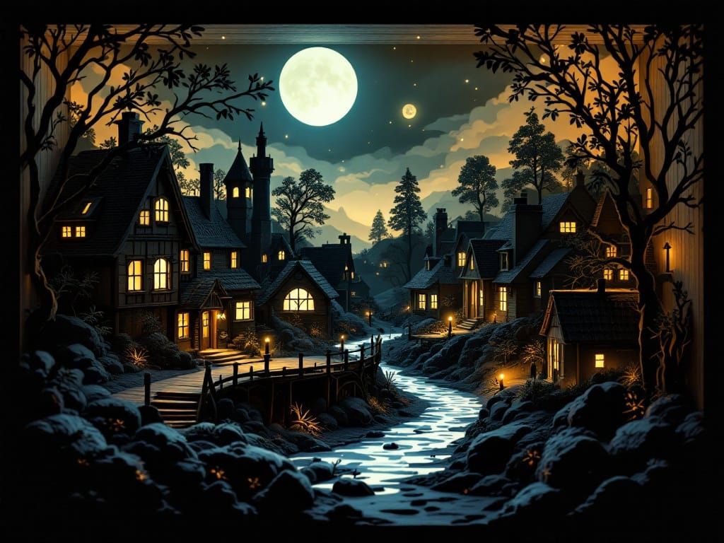 Grisaille Village Papercut Shadowbox in 3D