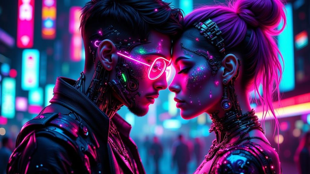 Cyberpunk Couple in Neon Lit Dystopian Realm