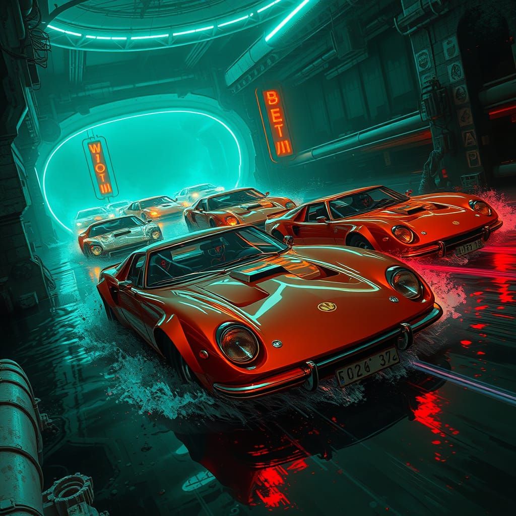 Dystopian Underwater Racing in Neon-Lit Futurism