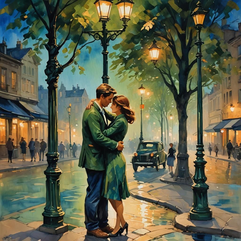 Romantic Couple Hugging: Impressionist Painting with Warm Li...