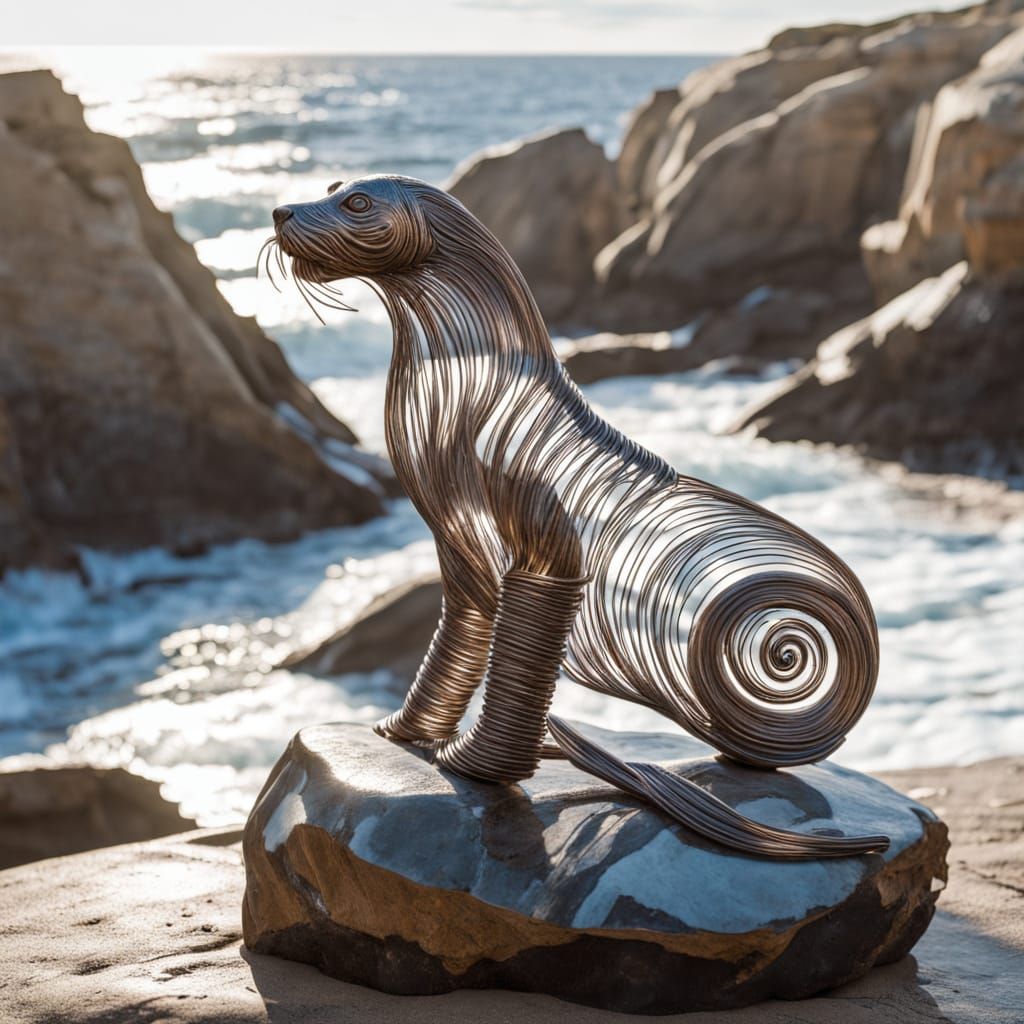 An impressionist-style wire sculpture of a sea lion