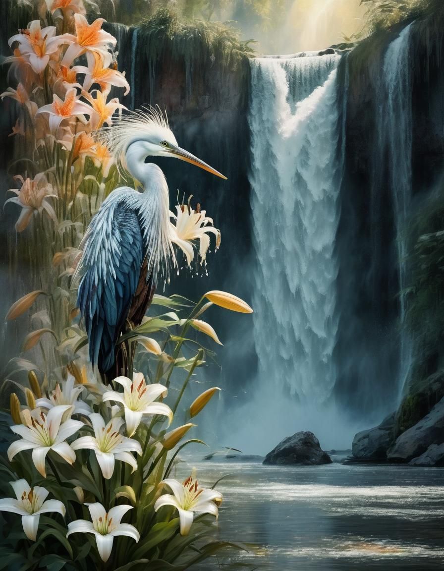 Watercolor Heron with Lilies and Waterfall