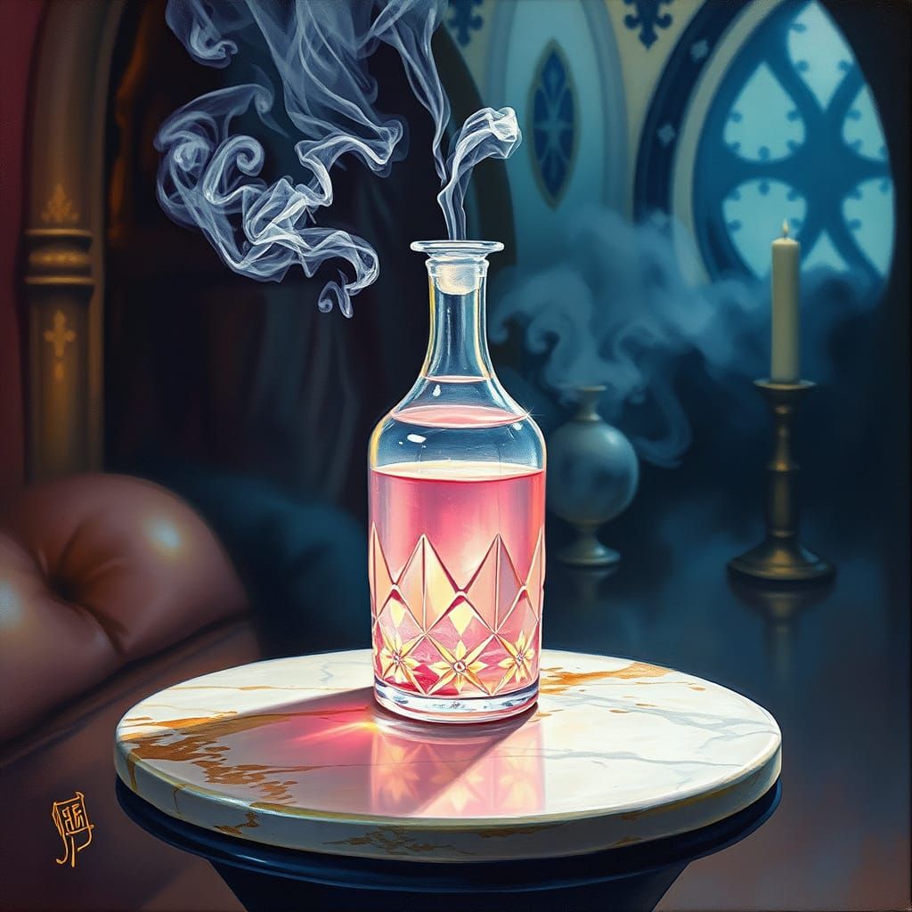Crystal Bottle with Pink Fluid in Wizard's Lair, Oil Paintin...