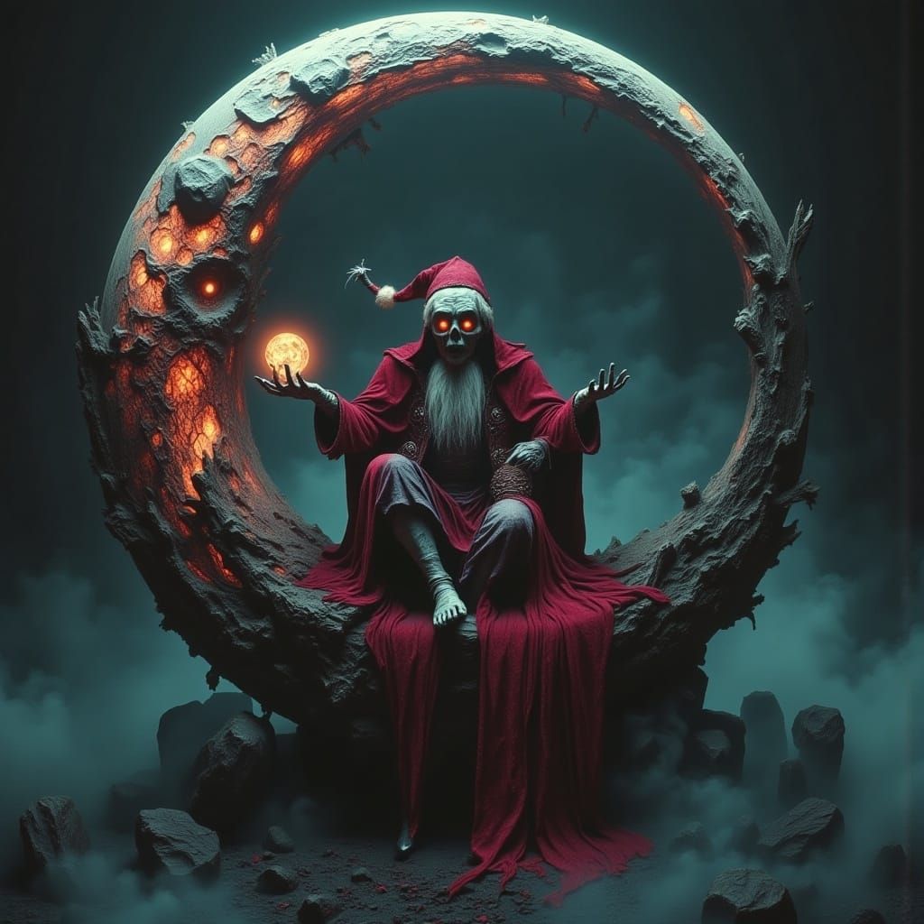 Creepy Santa on Moon with Halloween Decor
