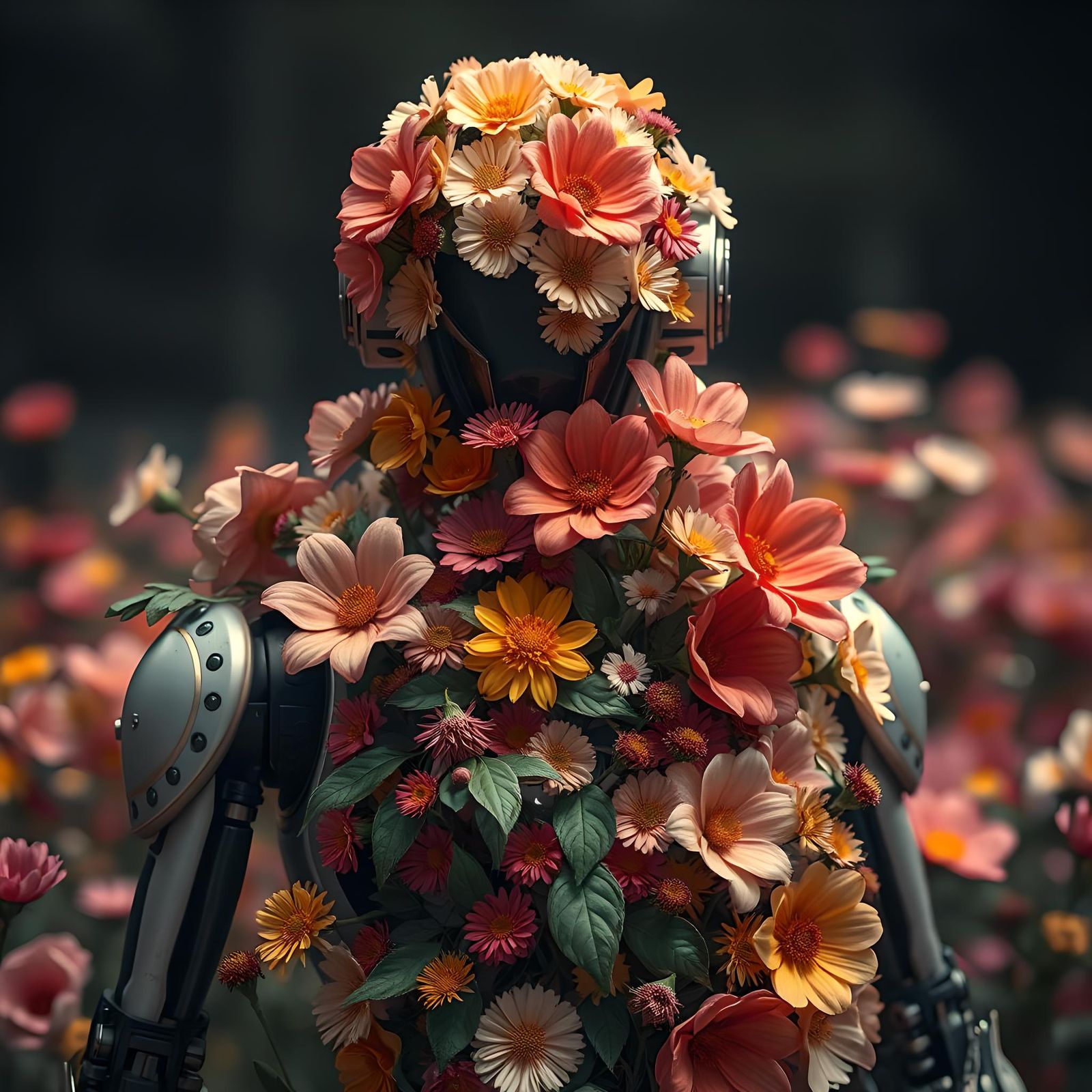 Photorealistic Robot Covered in Flowers