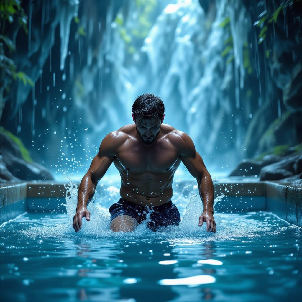 Man Falls Barefoot Into Cold Blue Water Fountain