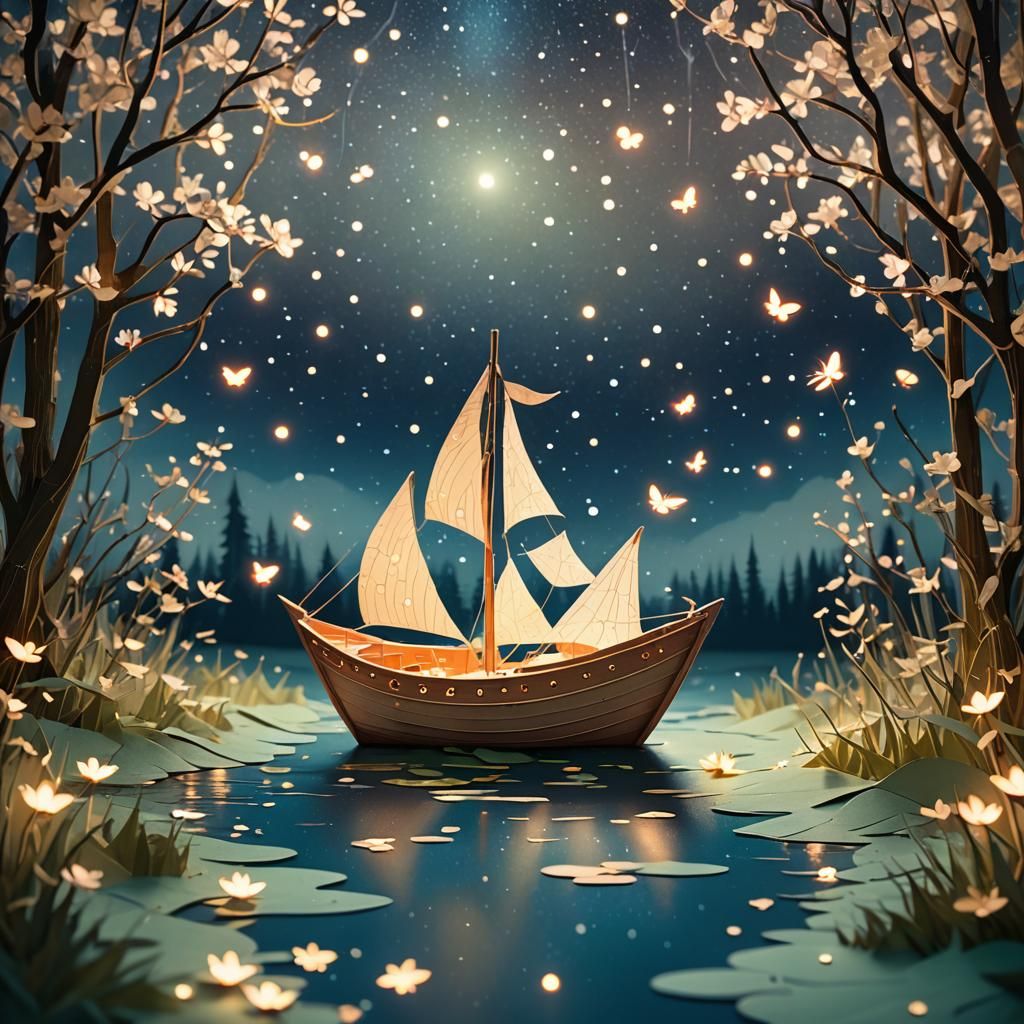 Paper Boat in Whimsical Papercraft Night Sky