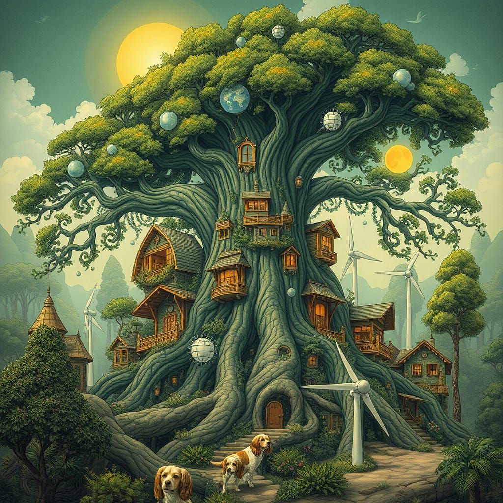 Solarpunk Community Around Ancient Tree in Art Nouveau Style
