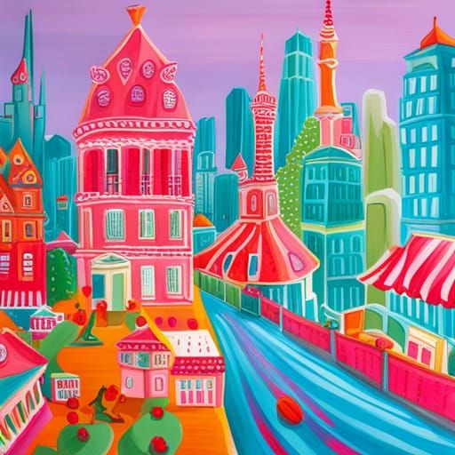 Candy Wonderland: White Chocolate Buildings in Gouache Style