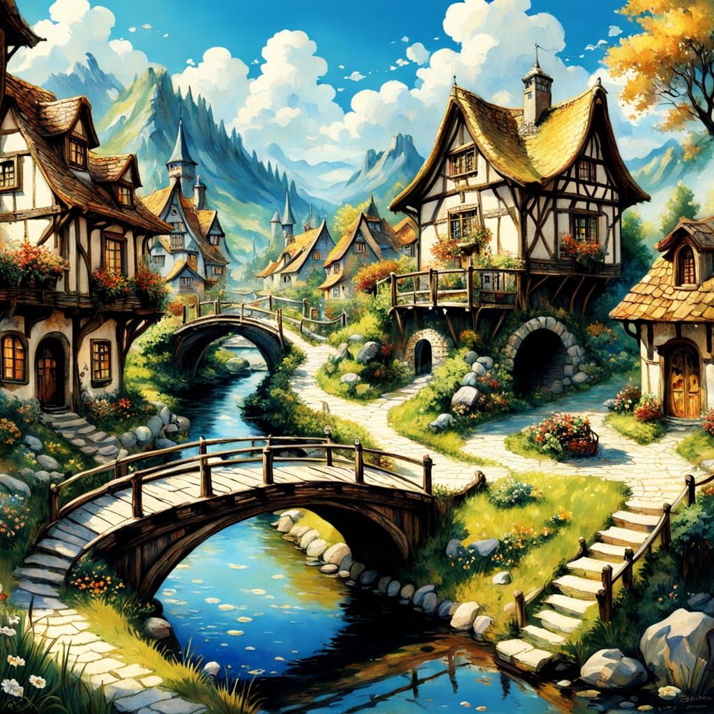 Whimsical Art Nouveau Village Scene with Cozy Dwarfs and Sun...