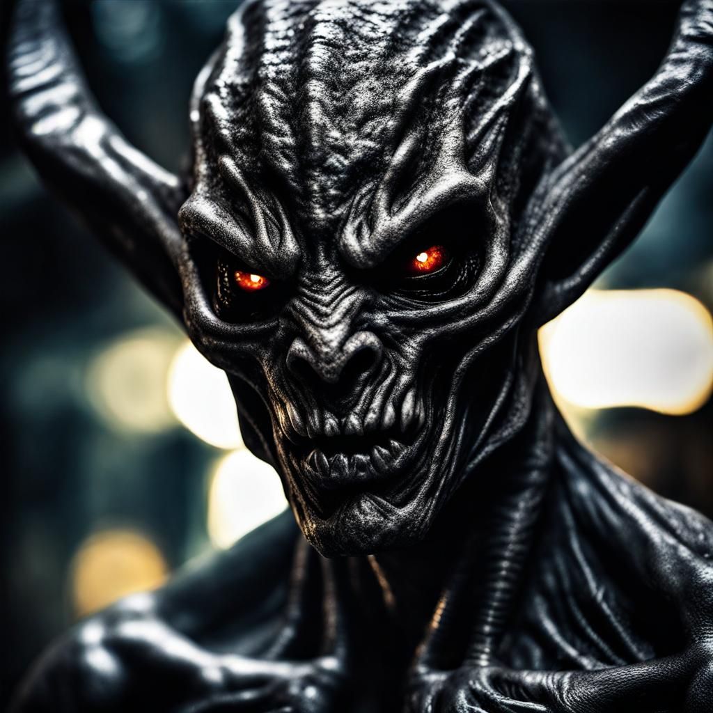 Hyperrealistic Portrait of a Metallic Black Demon