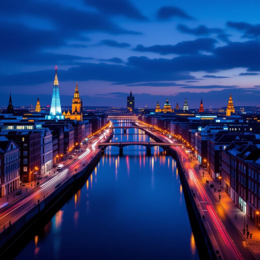 Dublin Cityscape Drone View at Night - Hyperrealistic