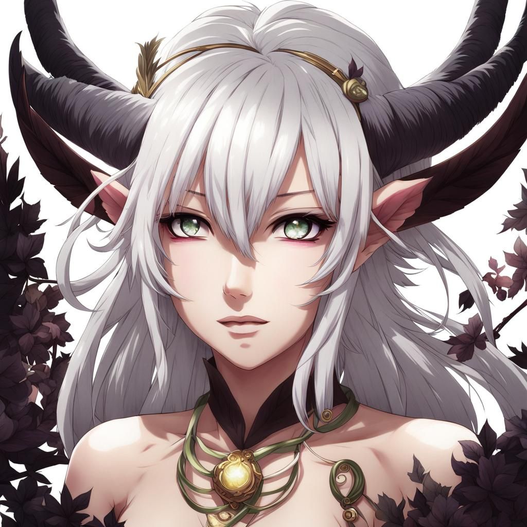 Anime Style Female Satyr with White Hair