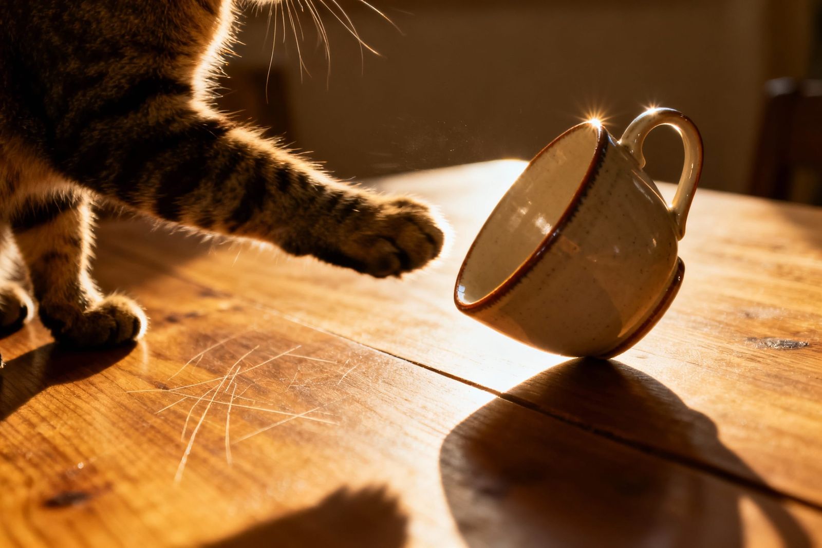 Mischievous Cat Swipes Cup Off Table