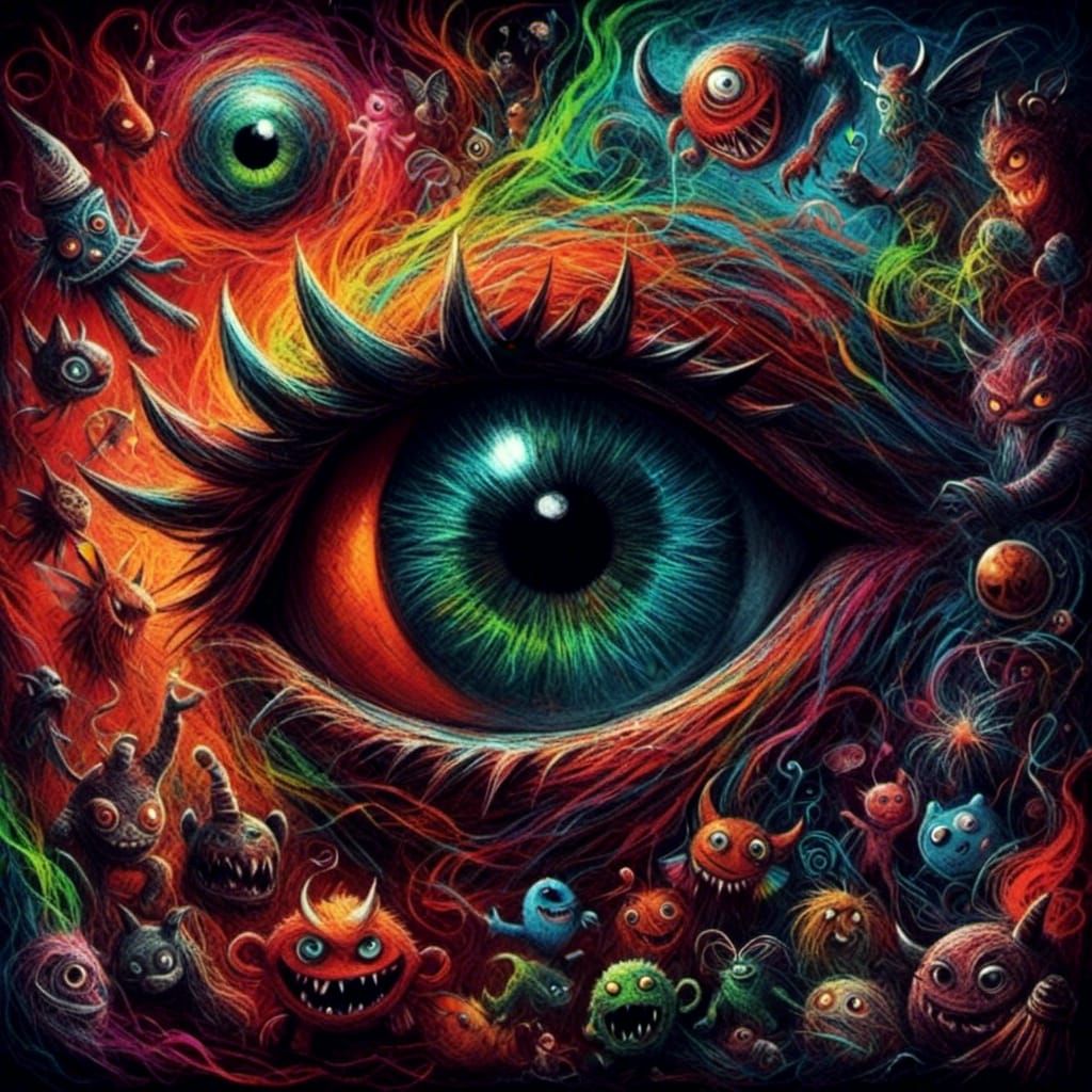Whimsical Crayon-Style Eye Monster Illustration