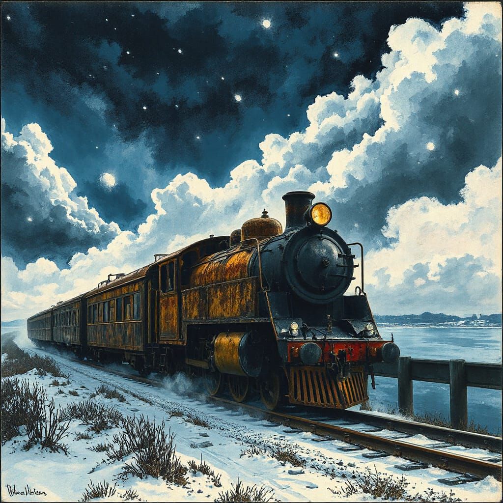Victorian Train Faces Epic Winter Storm in Dramatic Ink Styl...