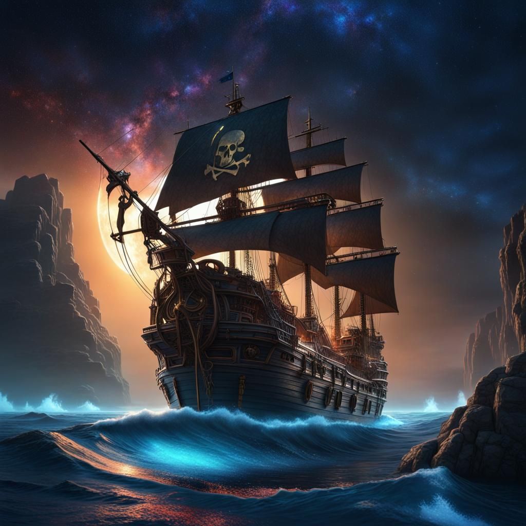 Pirate Ship with Glowing Sails on Cosmic Ocean