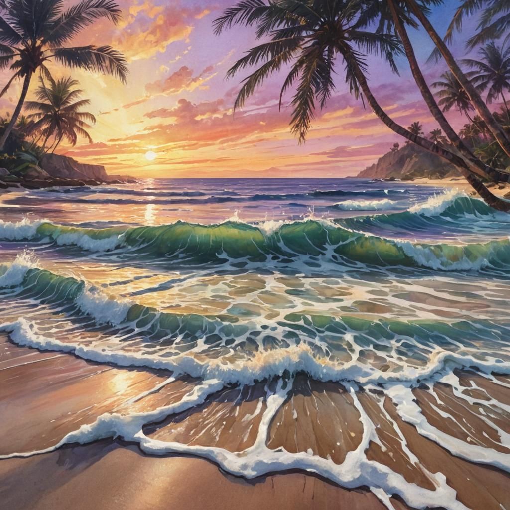 Tropical Beach Sunset in Watercolor Style