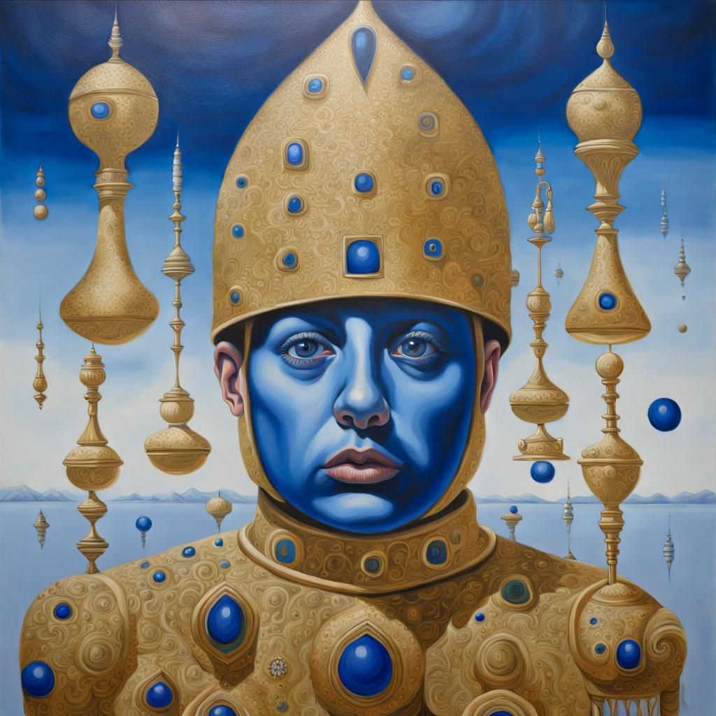 Surreal Oil Painting in Ultramarine, White, and Gold