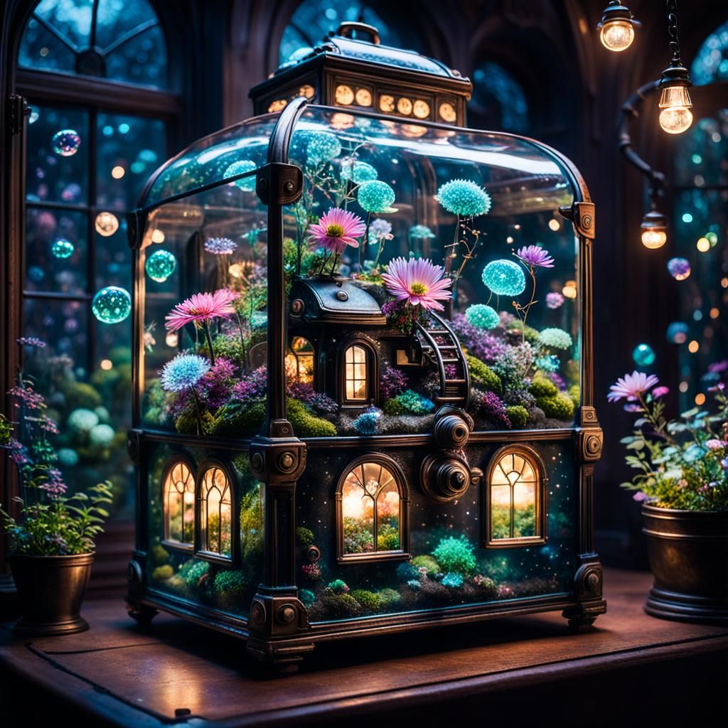 Whimsical Bioluminescent Flowers in Steampunk Terrarium